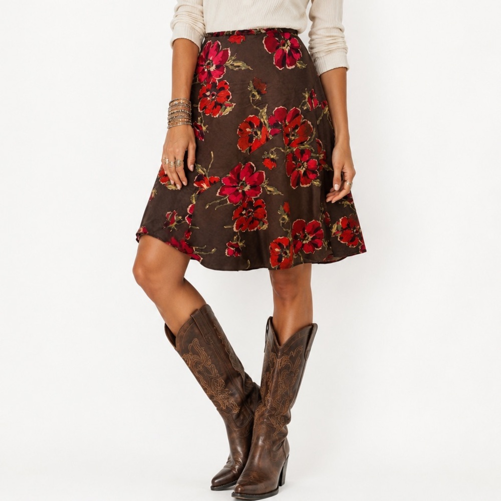 Sundance 80% Silk 20% Wool Floral Skirt Brown Red A-Line‎ Midi Size 8